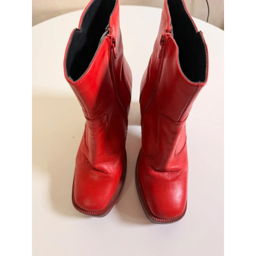 Nasty Gal Platform Ankle Boots Womens 5 Red Excellent Leather Square Toe Block‎